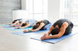 © uv_group - Studio shoot of yoga class and sports training. Group of man and women practice Balasana exercise with instructor on blue mat