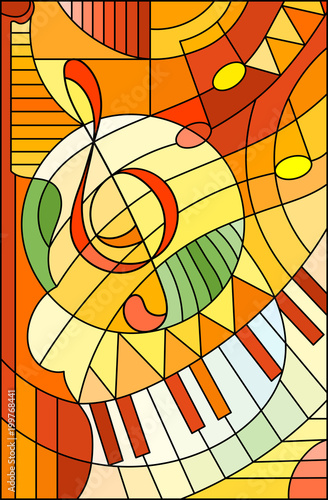 Dekoracja na wymiar  abstrakcyjny-obraz-klucza-wiolinowego-w-stylu-witrazu-w-zolto-pomaranczowych-odcieniach