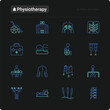 Physiotherapy thin line icons set: rehabilitation, physiotherapist, acupuncture, massage, go-carts, vertebrae; x-ray, trauma. Vector illustration for black theme.