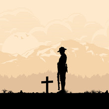 Silhouette Of Soldier Paying Respect At The Grave, Vector
