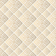 Seamless Pattern Meander Ornament. White And Golden Textile Print. Greece Vector Design. Greek Tiles.