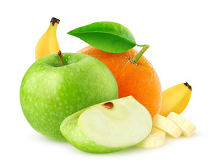 Poster - Isolated fruits. Green apple, orange and banana isolated on white background with clipping path