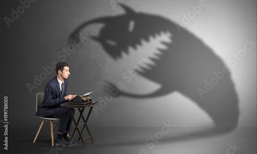 Fotomural Little hard worker afraid of scary monster shadow