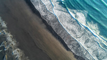 The Black Sand Beach In Iceland. Aerial View And Top View. Beautiful Natural Backdrop.