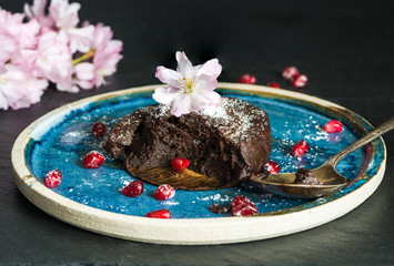 Wall Mural - Chocolate pudding garnished with fresh spring blossom and pomegranate