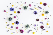 Flowers Composition. Frame Made Of Colorful Flowers On Gray Background. Flat Lay, Top View, Copy Space