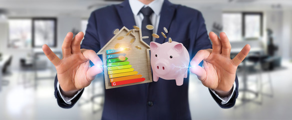 Wall Mural - businessman saving money with good energy chart rating 3d rendering