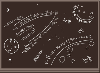 Blackboard. Figures with chalk. Space. Formulas. Planets, rockets. Brown background. Vector illustration