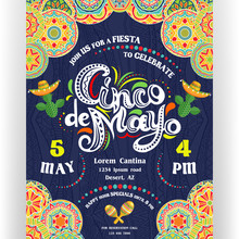 Cinco De Mayo Announcing Poster Template. Ornate Lettering, Sombreros And Cactuses. Mexican Style Rich Ornamented Border.