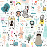 Seamless childish pattern with fairy flowers, bear,bunny, leopard, hedgehog.. Creative kids city texture for fabric, wrapping, textile, wallpaper, apparel. Vector illustration