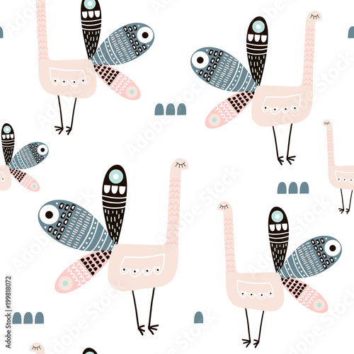 Cotton fabric Seamless pattern with creative peacocks. Creative scandinavian modern texture for fabric, wrapping, textile, wallpaper, apparel. Vector illustration