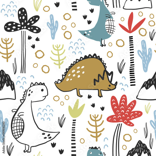 Stoffe zum Nähen Kindisch Musterdesign mit handgezeichneten Dino, Palmen und Dhand gezeichnet Formen im skandinavischen Stil. Kreative Vektor kindisch Hintergrund für Stoff, Textil