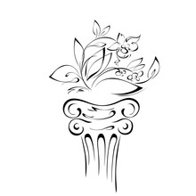 Object 6. Stylized Flower With Leaves On A Pedestal In Smooth Black Lines On A White Background
