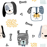 Seamless pattern with cute dog faces and hand drawn elements. Creative childish texture in scandinavian style. Great for fabric, textile Vector Illustration