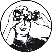 Man With Binoculars, Retro Vector Illustration