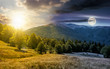 © Pellinni - time change concept over the beech forest on grassy meadows in mountains. beautiful Landscape at the foot of Carpathian mountain Apetska with sun and moon