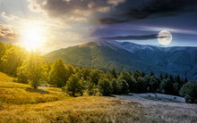 Time Change Concept Over The Beech Forest On Grassy Meadows In Mountains. Beautiful Landscape At The Foot Of Carpathian Mountain Apetska With Sun And Moon