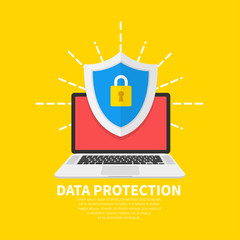 Wall Mural - data protection flat illustration concept. laptop with shield and lock. flat cartoon design, vector 