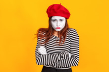Portrait Of Cute Mime Woman Crossed Hands, Have Sad Look