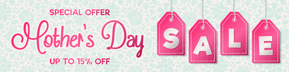 Wall Mural - Mother's Day Sale - glossy banner with flowers. Vector.