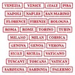 A set of rubber stamps on a tourist theme. The most famous cities of Italy.