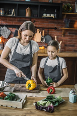 Sticker - Adult mother and little daughter standing on kitchen and slicing peppers while cooking.