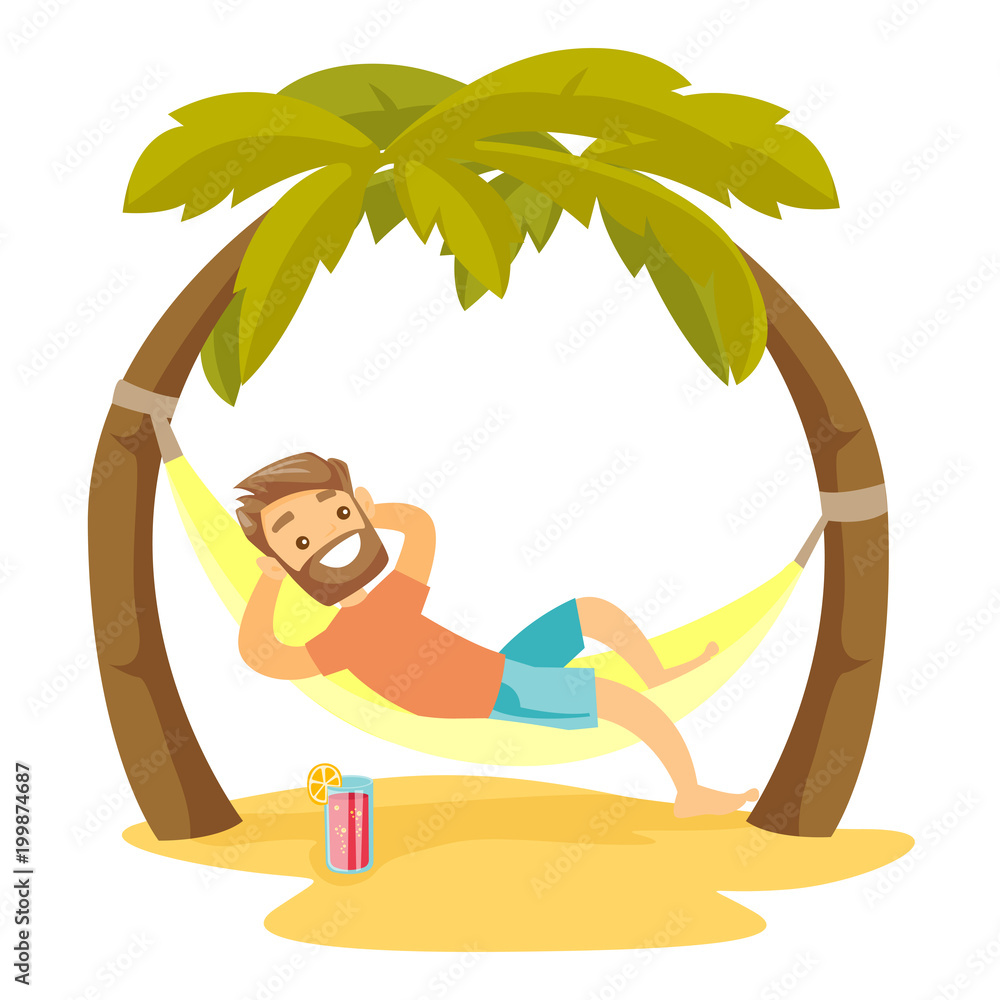 Young happy caucasian white man relaxing on the beach in a hammock under  the palm trees. Hipster man lying in hammock on tropical beach. Vector  cartoon illustration isolated on white background. Stock, image size:1000x1000