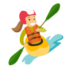 Canvas Print - Caucasian white sportswoman in helmet and life jacket riding a kayak on river. Woman rowing with a paddle while traveling by boat. Woman paddling a canoe. Vector cartoon illustration. Square layout.