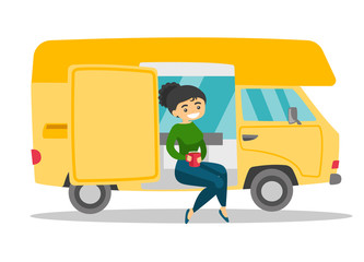 Canvas Print - Young caucasian white woman sitting in motor home and drinking coffee. Woman enjoying vacation in a camper van. Tourism and camping concept. Vector cartoon illustration isolated on white background.