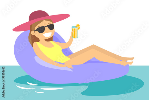 Young Happy Caucasian White Woman In Sunglasses Relaxing In Swimming 