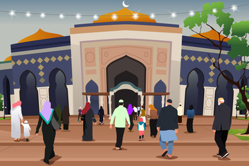 Wall Mural - Muslims Going to Mosque to Pray Illustration