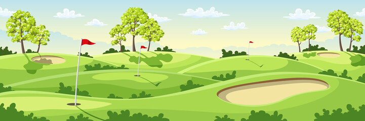 Wall Mural - Countryside golf course with flags, greens and sand bunker. 