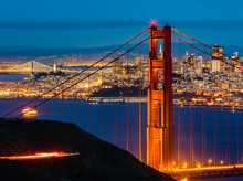 San Francisco Bay Looking Through Golden Gate Bridge At Dusk