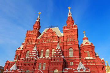 State Historical Museum on a blue sky background. Moscow in winter