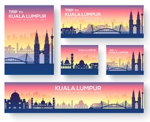 Set Of Kuala Lumpur Landscape Country Ornament Travel Tour Concept. Culture Traditional, Magazine, Book, Poster, Abstract, Element. Vector Decorative Ethnic Greeting Card Or Invitation Background