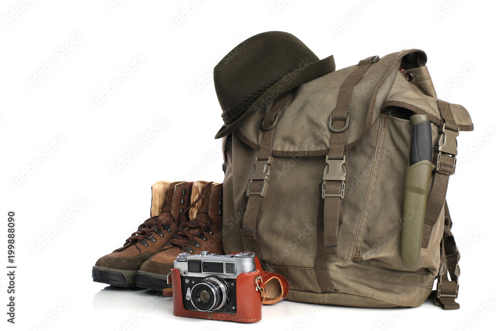 Travel accessories isolated on white - obrazy, fototapety, plakaty 