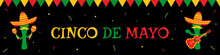 National Festival Cinco De Mayo Web Banner. Festive Colors Bunting, Big Title And Cwo Funny Cactus Mariachi In Sombrero With Guitar And Maracas. Vector Illustration For Party Advert On Cinco De Mayo