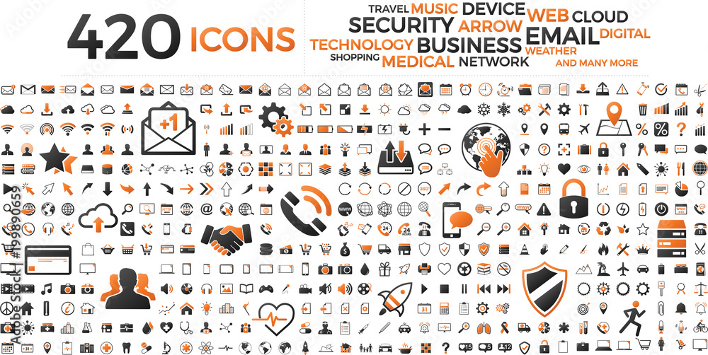 Black and orange web business technology icons set - obrazy, fototapety, plakaty 