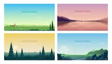 Collection Of Horizontal Banner Templates With Spectacular Natural Landscapes Or Sceneries. Bundle Of Beautiful Backgrounds With Forest Trees, Mountains, Sea, Sky. Modern Vector Illustration.