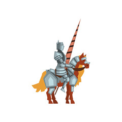 Poster - Cartoon flatvector icon of royal knight on horseback with lance in hand. Brave warrior wearing shiny iron armor