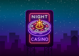 Wall Mural - Night casino logo in neon style. Roulette Neon sign, bright luminous banner, night billboard, bright advertisement of casinos, gaming machines and gambling for your projects. Vector illustration