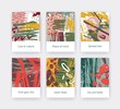 Collection of poster templates with colorful brush strokes, paint traces and inspirational phrases. Set of flyers or cards with bright colored smears, stains and blots. Modern vector illustration.