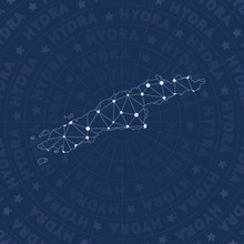 Hydra Network, Constellation Style Island Map. Shapely Space Style, Modern Design. Hydra Network Map For Infographics Or Presentation.