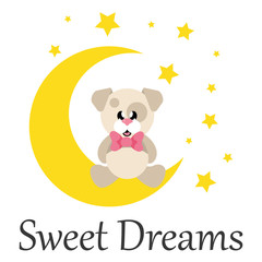 Wall Mural - cartoon cute dog with tie sitiing and moon with text