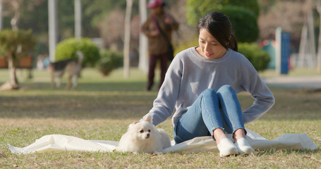 Poster - Woman playing with her Pomeranian dog at outdoor park