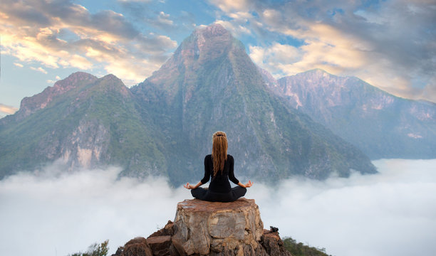 Fototapete - Serenity and yoga practicing,meditation at mountain range