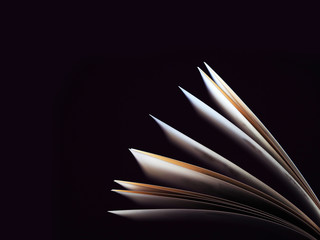 Macro view of book pages. Concept of open book, white sheets on dark black background. Education background. Copy space for text. Close-up, selective focus