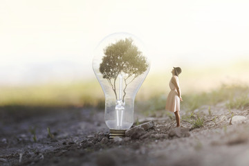 surreal image of a woman who observes intrigued a giant bulb containing a tree for renewable energy