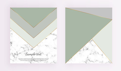 Geometric cover designs, triangles with gold, green and grey colors and marble texture background. Template for design invitation, card, banner, wedding, baby shower, placard, party,