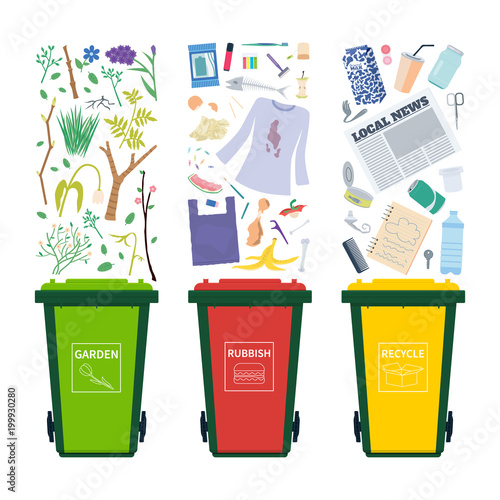 Garbage bins with different waste recycle, organic, general Stock